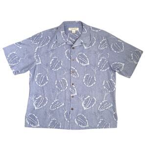 Vtg Island Republic Men XL Hawaiian Shirt 100% Silk Blue Leaf Print Aloha Camp